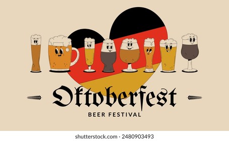 Oktoberfest Beer Festival celebration. Banner with retro groovy beer characters. Celebrated in October in Germany. October folk festivities in the state of Bavaria. Vector illustration