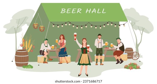 Celebración del festival de cerveza Oktoberfest fondo plano con gente en trajes tradicionales bávaros bebiendo cerveza ilustración vectorial