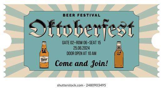 Oktoberfest Beer Festival celebration. Horizontal ticket template entrance pass design or invitation for fest party. Vintage flat illustration