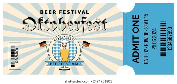 Oktoberfest Beer Festival celebration. Horizontal ticket template entrance pass design or invitation for fest party. Vintage flat illustration