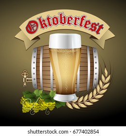 Oktoberfest. Beer festival celebration. Mug with beer  and  Beer barrel on a dark background with malt branch. Hops beer vector.