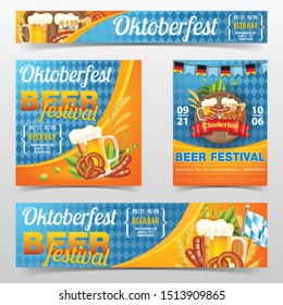 Oktoberfest Beer Festival Celebration Party Poster and Banner with Barrel, Glass of lager Beer, Barley, Hops, Pretzels, Sausages and Ribbon. Vector on blue traditional German flag background
