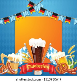 Oktoberfest Beer Festival Celebration Party Poster and Frame with Glass of lager Beer, Barley, Pretzels, Sausages and Hops. Vector illustration