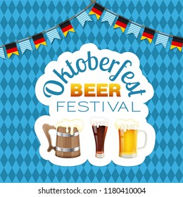 Oktoberfest Beer Festival Celebration Poster with Glass of Lager and Dark Beer, Wood Mug and Bavaria, Germany Flags. Vector illustration