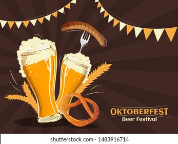 El afiche de la celebración del Festival de Cervezas Oktoberfest o diseño de plantillas con ilustraciones de copas de vino, tenedor de salchicha, pretzel y trigo con fondo de rayas marrones.