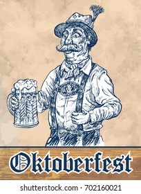 Oktoberfest beer festival celebration poster or flyer template. Man in traditional bavarian clothes holds oktoberfest mug of beer. Hand drawn vector illustration, vintage engraved style