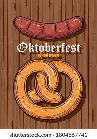 oktoberfest beer festival celebration with pretzel and sausage in wooden background vector illustration design