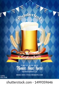 Oktoberfest beer festival celebration retro typography poster or flyer Eps 10 template with pretzel, sausage, beer on traditional blue pattern background.