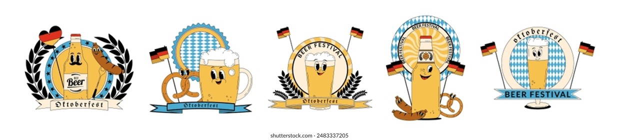 Oktoberfest Bierfest-Feier. Konzeptpaket mit Retro-Groovy-Biercharakter, Fahne, Brezel und anderen. Vektorillustration mit süßem Alkoholgetränk und Getränkemaskottchen