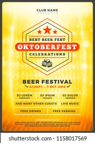Oktoberfest beer festival celebration. Typography poster or flyer template for beer party. Vintage beer label on the golden beer background with light effects