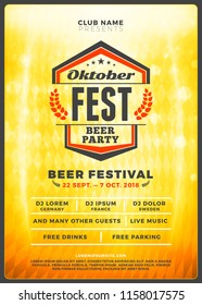 Oktoberfest beer festival celebration. Typography poster or flyer template for beer party. Vintage beer label on the golden beer background with light effects