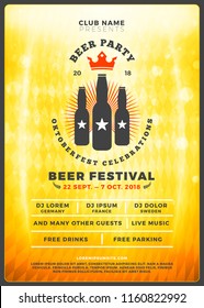 Oktoberfest beer festival celebration. Typography poster or flyer template for beer party. Vintage beer label on the golden beer background with light effects