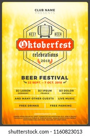 Oktoberfest beer festival celebration. Typography poster or flyer template for beer party. Vintage beer label on the golden beer background with light effects