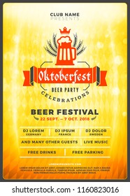 Oktoberfest beer festival celebration. Typography poster or flyer template for beer party. Vintage beer label on the golden beer background with light effects