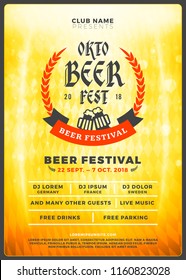 Oktoberfest beer festival celebration. Typography poster or flyer template for beer party. Vintage beer label on the golden beer background with light effects