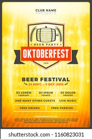 Oktoberfest beer festival celebration. Typography poster or flyer template for beer party. Vintage beer label on the golden beer background with light effects