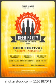 Oktoberfest beer festival celebration. Typography poster or flyer template for beer party. Vintage beer label on the golden beer background with light effects