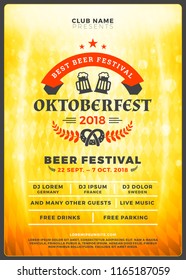 Oktoberfest beer festival celebration. Typography poster or flyer template for beer party. Vintage beer label on the golden beer background with light effects