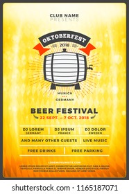 Oktoberfest beer festival celebration. Typography poster or flyer template for beer party. Vintage beer label on the golden beer background with light effects