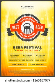 Oktoberfest beer festival celebration. Typography poster or flyer template for beer party. Vintage beer label on the golden beer background with light effects