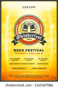 Oktoberfest beer festival celebration. Typography poster or flyer template for beer party. Vintage beer label on the golden beer background with light effects