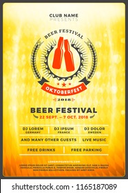 Oktoberfest beer festival celebration. Typography poster or flyer template for beer party. Vintage beer label on the golden beer background with light effects