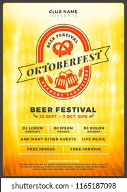 Oktoberfest beer festival celebration. Typography poster or flyer template for beer party. Vintage beer label on the golden beer background with light effects