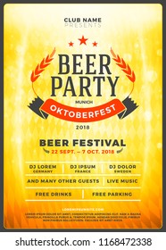 Oktoberfest beer festival celebration. Typography poster or flyer template for beer party. Vintage beer label on the golden beer background with light effects