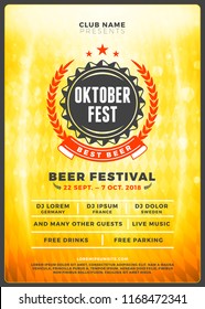 Oktoberfest beer festival celebration. Typography poster or flyer template for beer party. Vintage beer label on the golden beer background with light effects