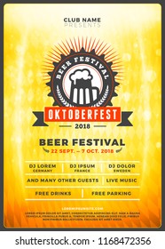 Oktoberfest beer festival celebration. Typography poster or flyer template for beer party. Vintage beer label on the golden beer background with light effects