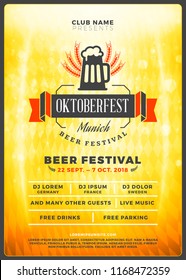 Oktoberfest beer festival celebration. Typography poster or flyer template for beer party. Vintage beer label on the golden beer background with light effects