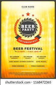 Oktoberfest beer festival celebration. Typography poster or flyer template for beer party. Vintage beer label on the golden beer background with light effects