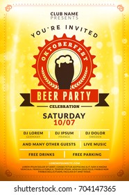 Oktoberfest beer festival celebration. Typography poster or flyer template for beer party. Vintage beer label on the golden beer background with light effects