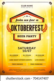 Oktoberfest beer festival celebration. Typography poster or flyer template for beer party. Vintage beer label on the golden beer background with light effects