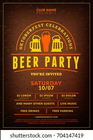 Oktoberfest beer festival celebration. Typography poster or flyer template for beer party. Vintage beer label on the brown wooden textured background