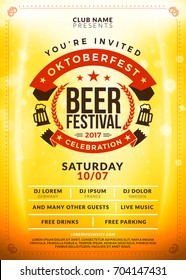 Oktoberfest beer festival celebration. Typography poster or flyer template for beer party. Vintage beer label on the golden beer background with light effects