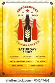 Oktoberfest beer festival celebration. Typography poster or flyer template for beer party. Vintage beer label on the golden beer background with light effects