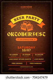 Oktoberfest beer festival celebration. Typography poster or flyer template for beer party. Vintage beer label on the brown wooden textured background