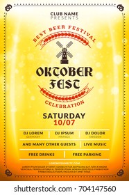 Oktoberfest beer festival celebration. Typography poster or flyer template for beer party. Vintage beer label on the golden beer background with light effects