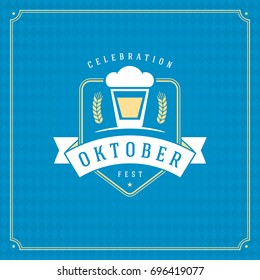 Oktoberfest beer festival celebration vintage greeting card or poster and blue checkered background vector illustration.