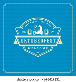 Oktoberfest beer festival celebration vintage greeting card or poster and blue checkered background vector illustration.