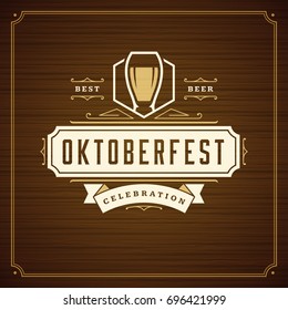Oktoberfest beer festival celebration vintage greeting card or poster and wooden background vector illustration.