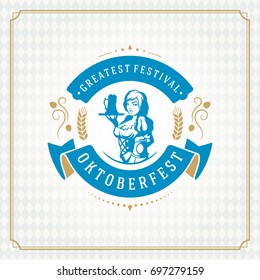 Oktoberfest beer festival celebration vintage greeting card or poster and checkered background vector illustration.