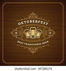 Oktoberfest beer festival celebration vintage greeting card or poster and wooden background vector illustration.