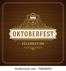 Oktoberfest beer festival celebration vintage greeting card or poster and wooden background vector illustration.