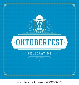 Oktoberfest beer festival celebration vintage greeting card or poster and blue checkered background vector illustration.