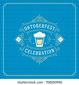 Oktoberfest beer festival celebration vintage greeting card or poster and blue checkered background vector illustration.