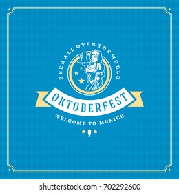 Oktoberfest beer festival celebration vintage greeting card or poster and blue checkered background vector illustration.