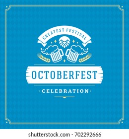 Oktoberfest beer festival celebration vintage greeting card or poster and blue checkered background vector illustration.