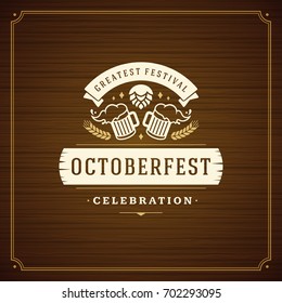 Oktoberfest beer festival celebration vintage greeting card or poster and wooden background vector illustration.